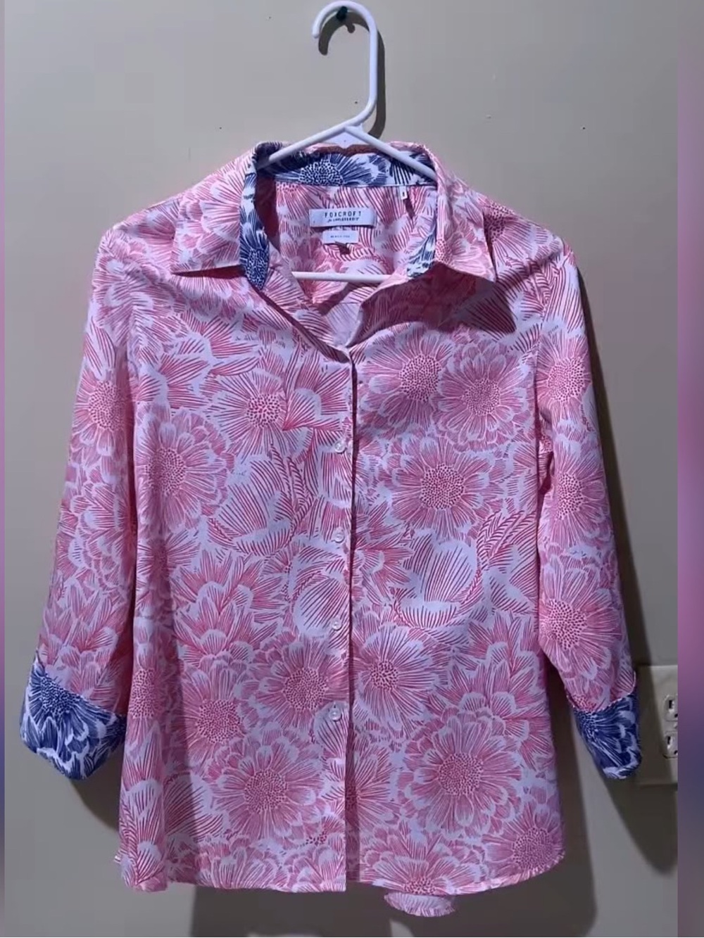 croft & barrow Pink Floral Button-Front Shirt with Navy Trim